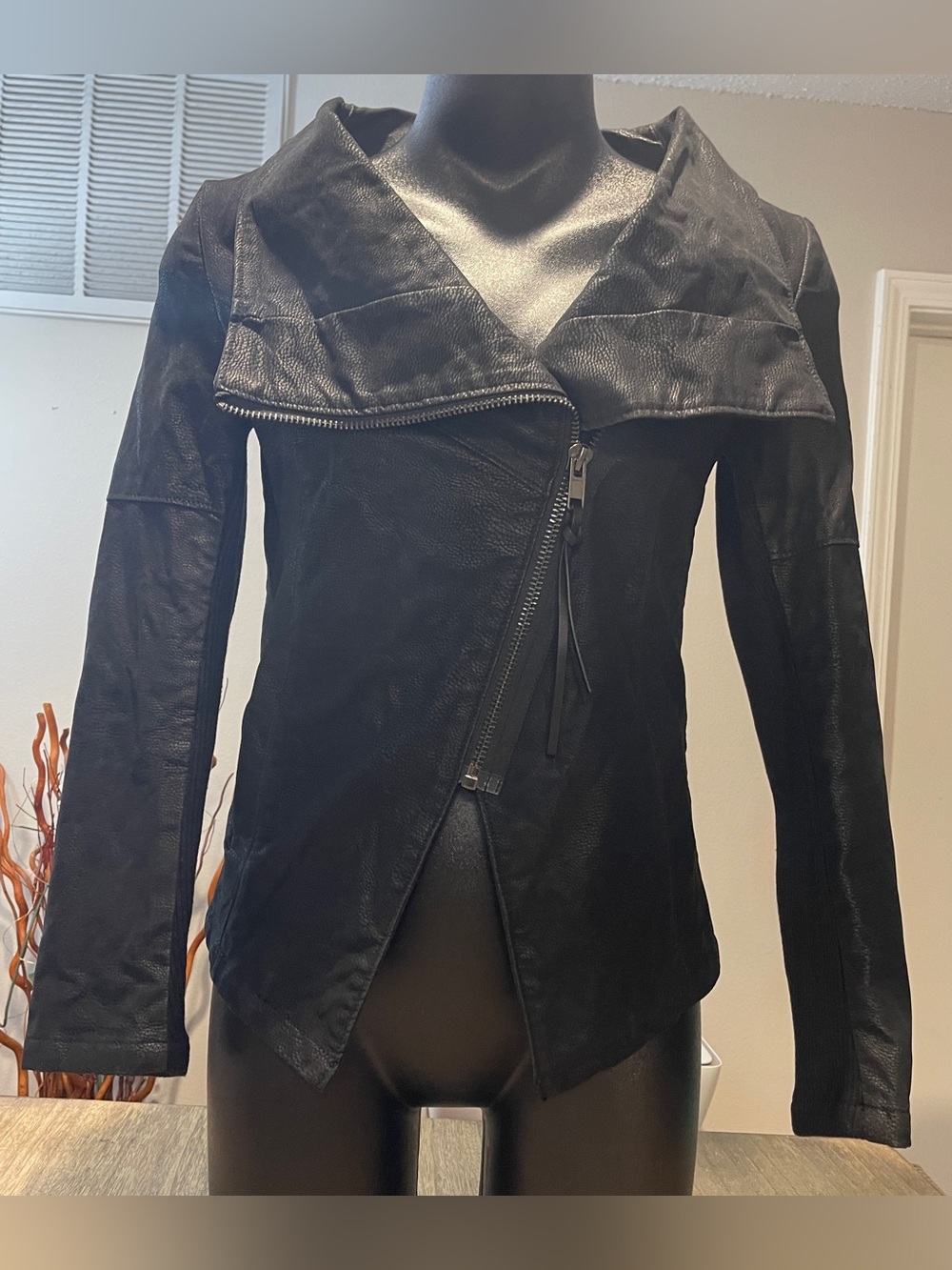 H&M Black Asymmetrical Full-Zip Leather-Inspired Jacket, Size 4